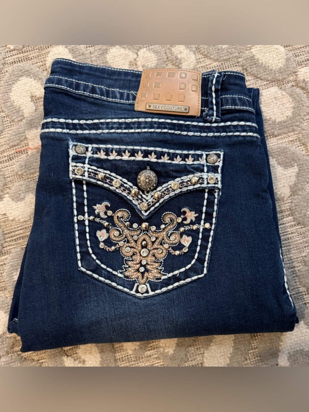 Sexy Couture Women’s Dark Blue Skinny Jeans with Embroidered Rhinestone Pocket
